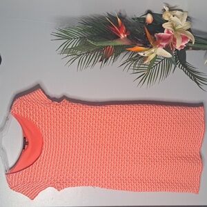 Sharagano Knit Cap Sleeve Scoop Neck Pucker Design Sheath Dress Coral/White